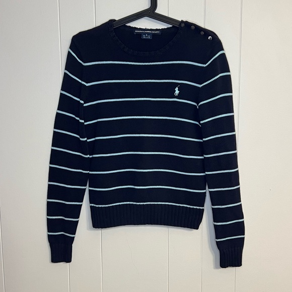 Ralph Lauren sport navy blue and blue striped net sweater size L - Picture 1 of 7
